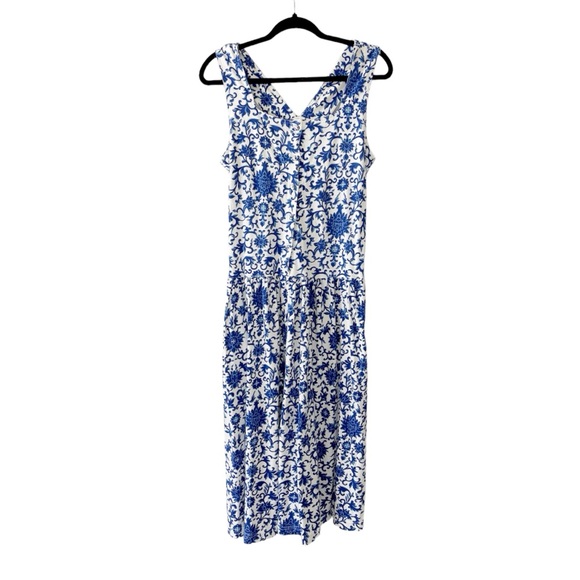 Vintage 80s 90s White and Blue Floral Brocade Sleeveless Drop Hem Midi Dress - Picture 1 of 5